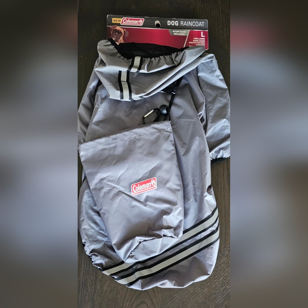 Coleman‎ Dog Raincoat w/Reflective Stripes and Stuff Sack New Large Grey